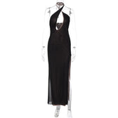 Slit mesh cross front hollow out ruched backless maxi dress 8