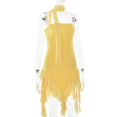 Mesh ruffle ribbon irregular solid backless tube mini dress 5