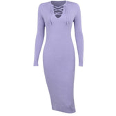 Lace up solid ribbed long sleeve notch neck mini dress