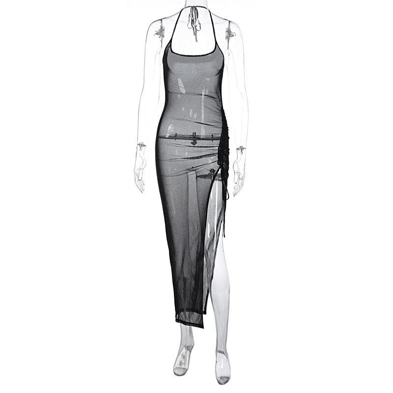 Halter drawstring sheer mesh see through slit backless maxi dress 3