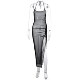 Halter drawstring sheer mesh see through slit backless maxi dress 3