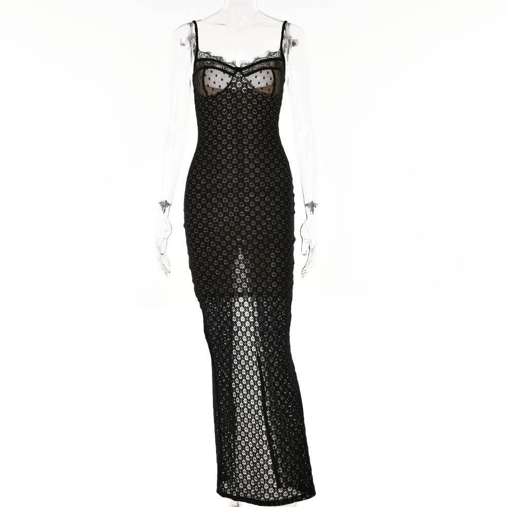 Mesh lace hem zip-up slit solid backless cami midi dress 9