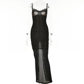 Mesh lace hem zip-up slit solid backless cami midi dress 9
