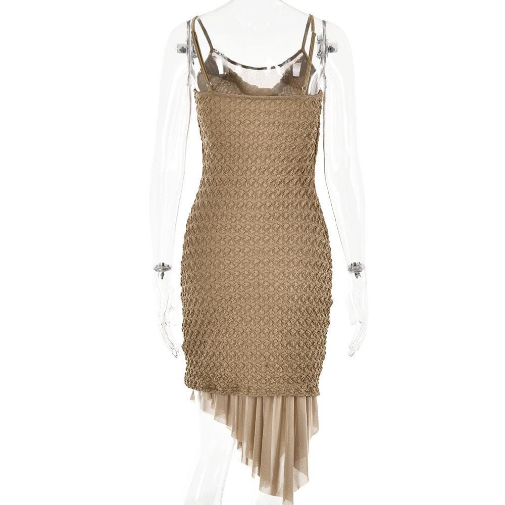 Textured mesh solid ruched irregular cami midi dress 4