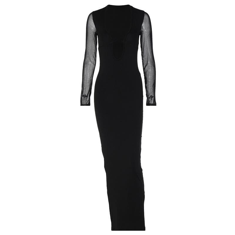 Mesh patchwork solid low cut long sleeve cross front maxi dress 2