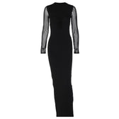Mesh patchwork solid low cut long sleeve cross front maxi dress 2