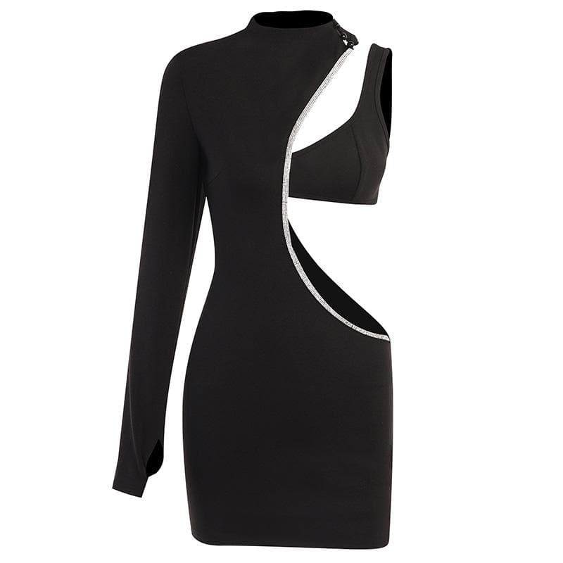Mock Neck One Sleeve Rhinestone Trim Cut Out Bodycon Mini Dress