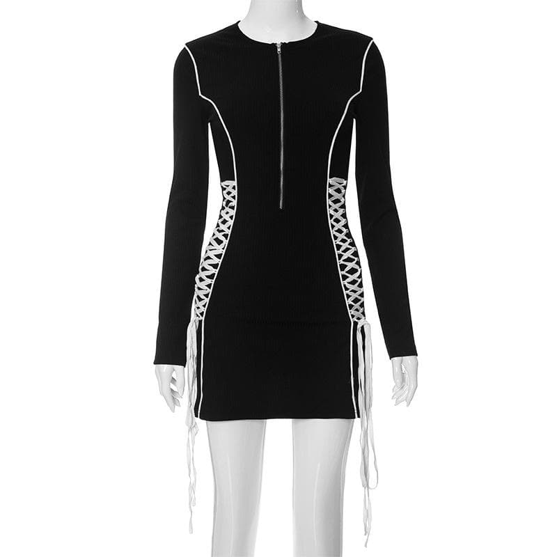 Crewneck long sleeve zip-up lace up contrast mini dress 2