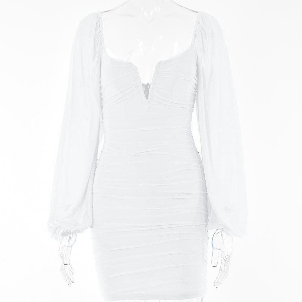 Mesh solid long sleeve ruched notch neck zip-up mini dress 11