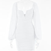 Mesh solid long sleeve ruched notch neck zip-up mini dress 11