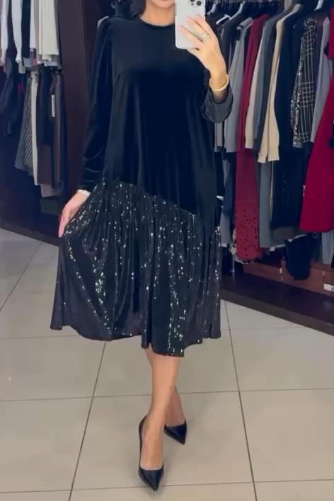 Round Neck Long Sleeve Velvet Sequin Ruffle Midi Dress 2