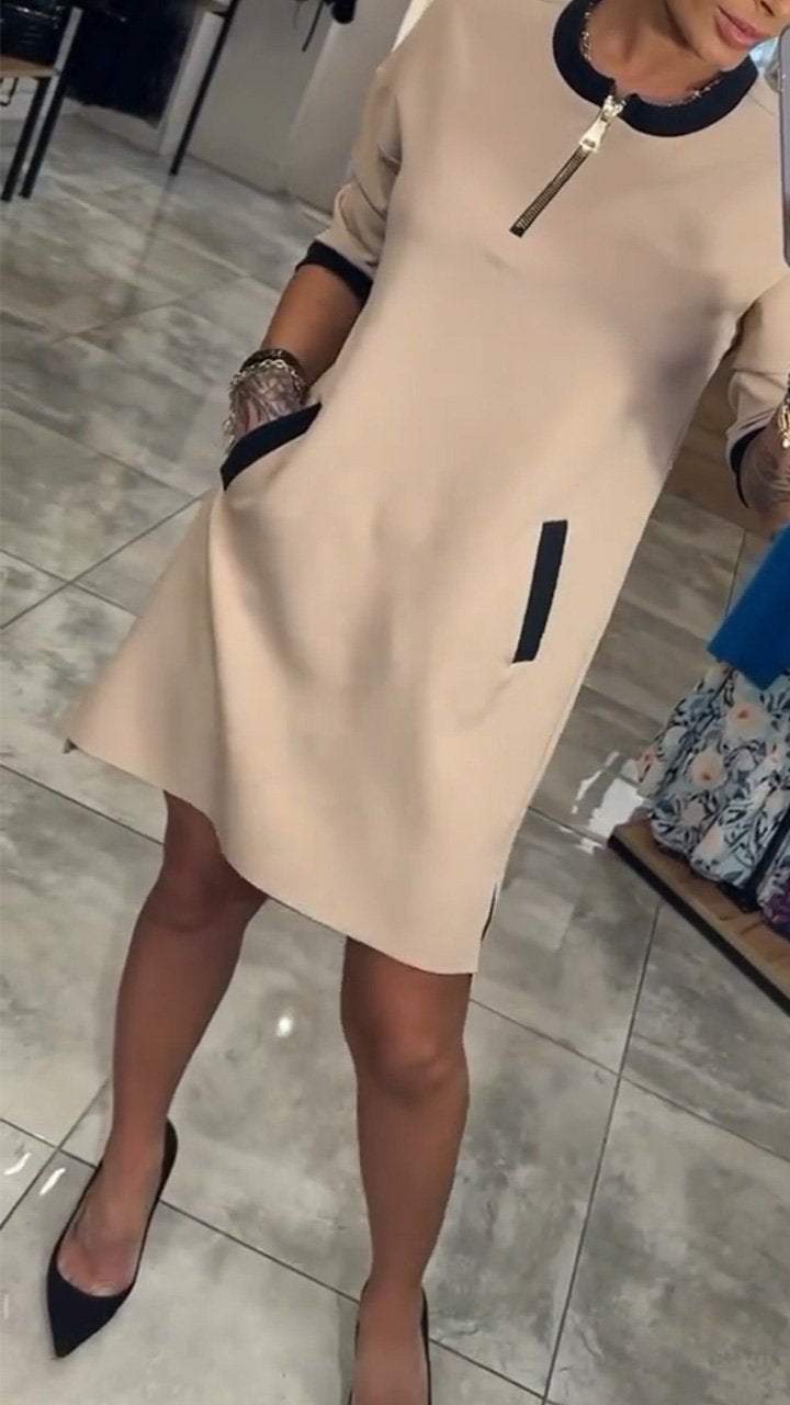 V-Neck Zip Contrast Trim Pocket Shift Mini Dress 3