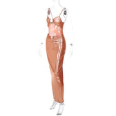 Hollow out metallic ruched backless metal applique cami maxi dress 3