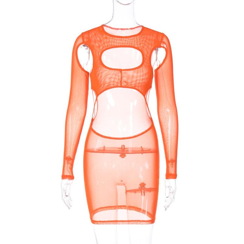 Long sleeve hollow out sheer mesh see through mini dress 9
