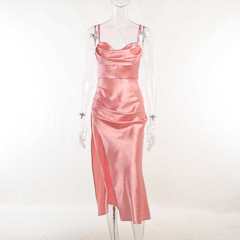 Sleeveless solid satin cowl neck slit backless zip-up cami dress 2