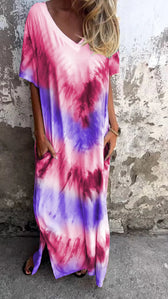 Tie Dye V-Neck Short Sleeve Pocket Maxi Dress 10