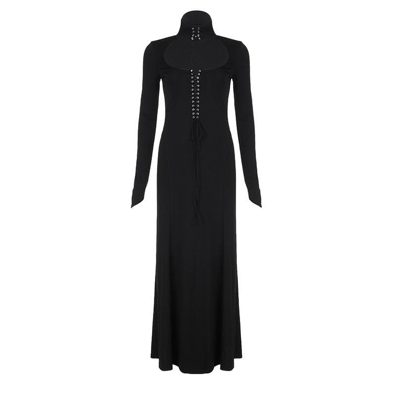 Mock Neck Long Sleeve Cut Out Lace Up Front Maxi Dress
