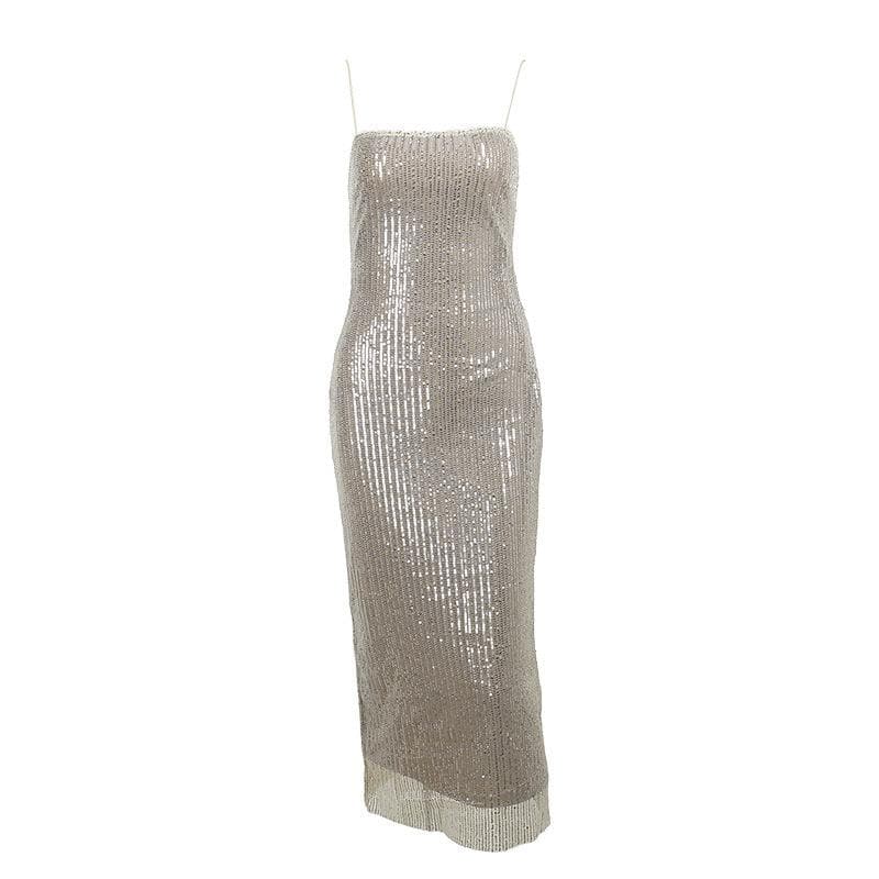 Sequin Square Neck Spaghetti Strap Bodycon Midi Dress