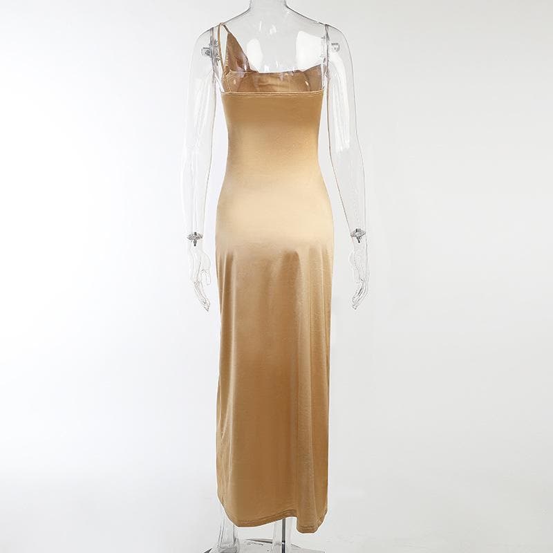 Sleeveless solid satin slit one shoulder ruched backless midi dress 4