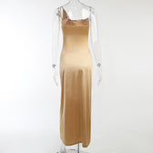 Sleeveless solid satin slit one shoulder ruched backless midi dress 4