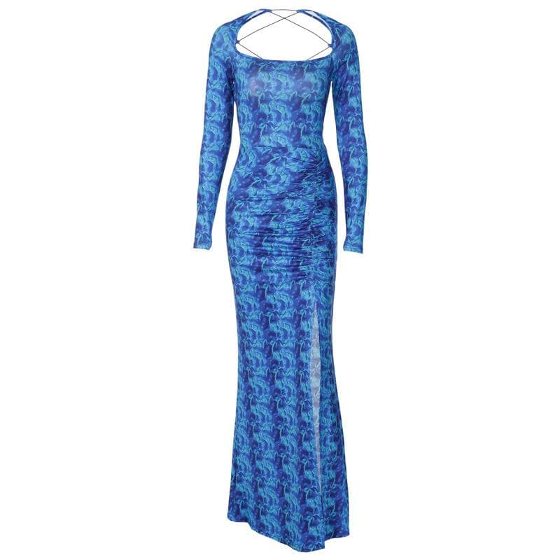 Lace up backless long sleeve slit ruched contrast print maxi dress 2