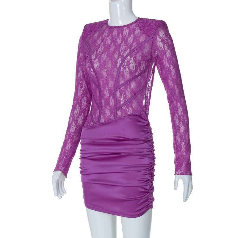 Lace see through satin ruched hollow out long sleeve mini dress 8