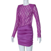 Lace see through satin ruched hollow out long sleeve mini dress 8