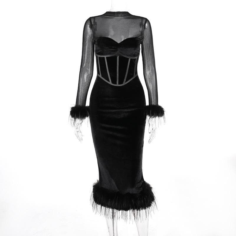 Long sleeve feather velvet mesh patchwork slit high neck midi dress 2