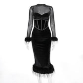 Long sleeve feather velvet mesh patchwork slit high neck midi dress 2