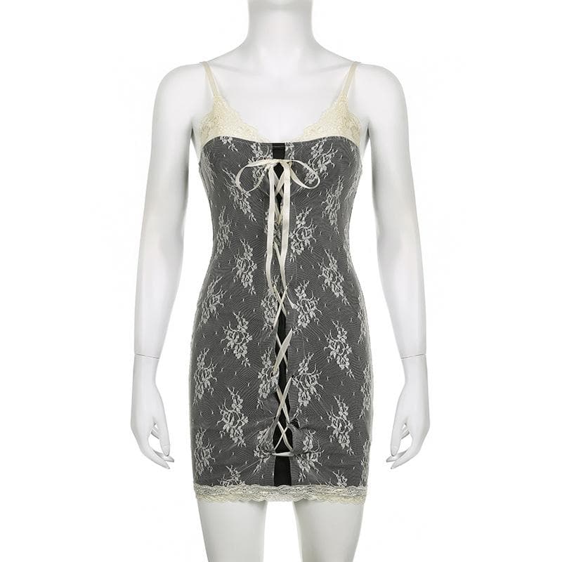 Sheer Lace Tie Front Cardigan and Lace Up Mini Dress Two Piece Set 3