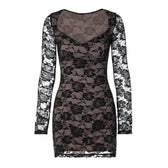 Long sleeve v neck lace contrast patchwork mini dress 2