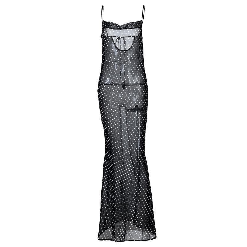 Cowl neck polka dot mesh see through maxi dress 2