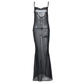 Cowl neck polka dot mesh see through maxi dress 2