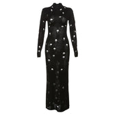 Crochet solid long sleeve high neck lace up maxi dress