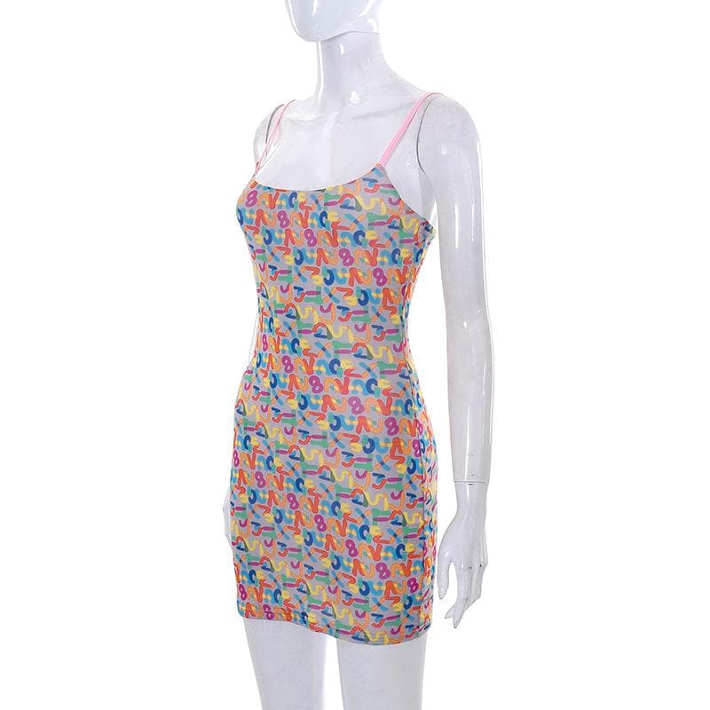 Mesh letter print contrast square neck backless cami mini dress 3