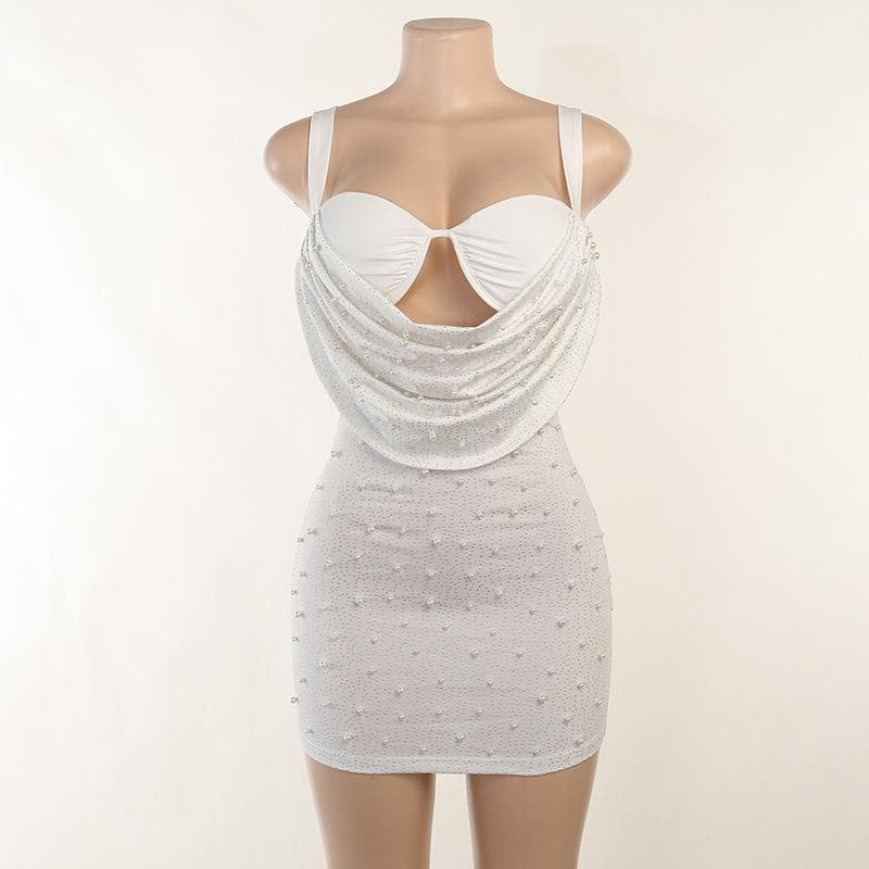 Sleeveless solid ruched beaded hollow out backless cowl neck cami dress 3