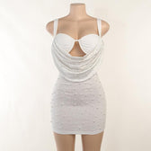 Sleeveless solid ruched beaded hollow out backless cowl neck cami dress 3