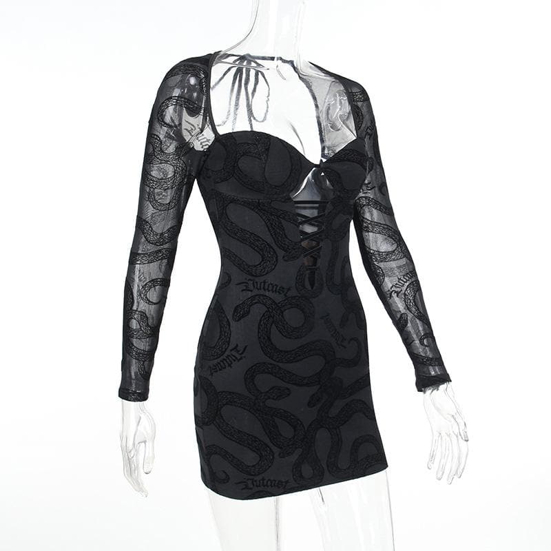 Mesh self tie long sleeve solid lace up mini dress 3