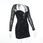 Mesh self tie long sleeve solid lace up mini dress 3