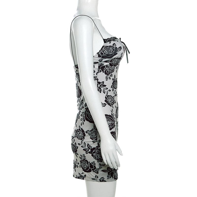 Rose print lace hem contrast spaghetti strap mini dress 4