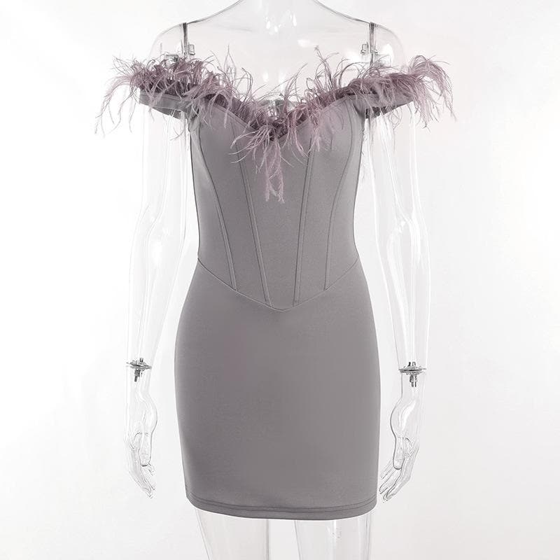 Feather backless zip-up off shoulder corset mini dress