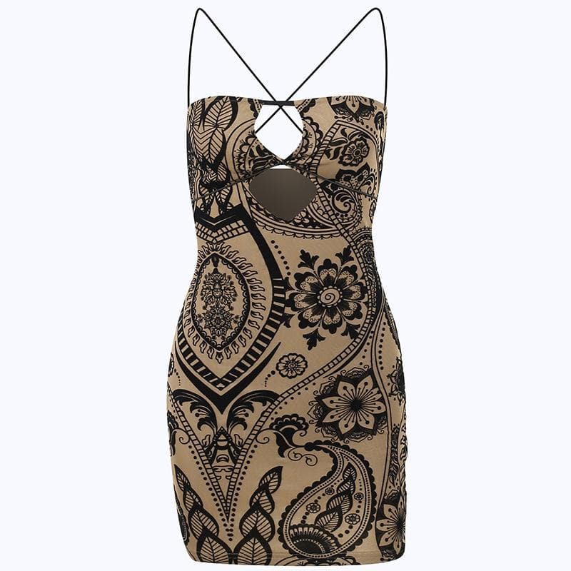 Paisley Floral Print Cut Out Cross Strap Bodycon Mini Dress