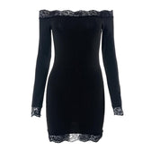 Lace hem solid off shoulder long sleeve mini dress 2