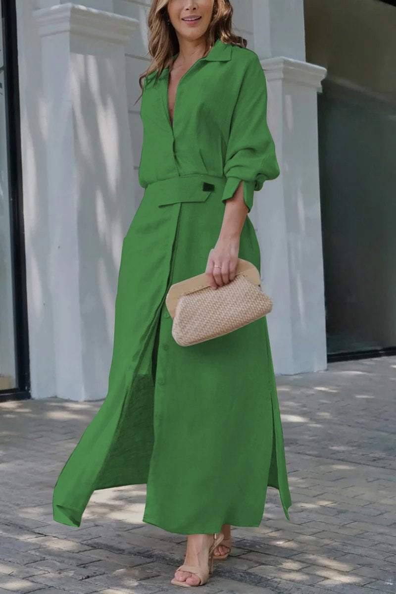Collared Button Front Belted Long Sleeve Maxi Shirt Dress