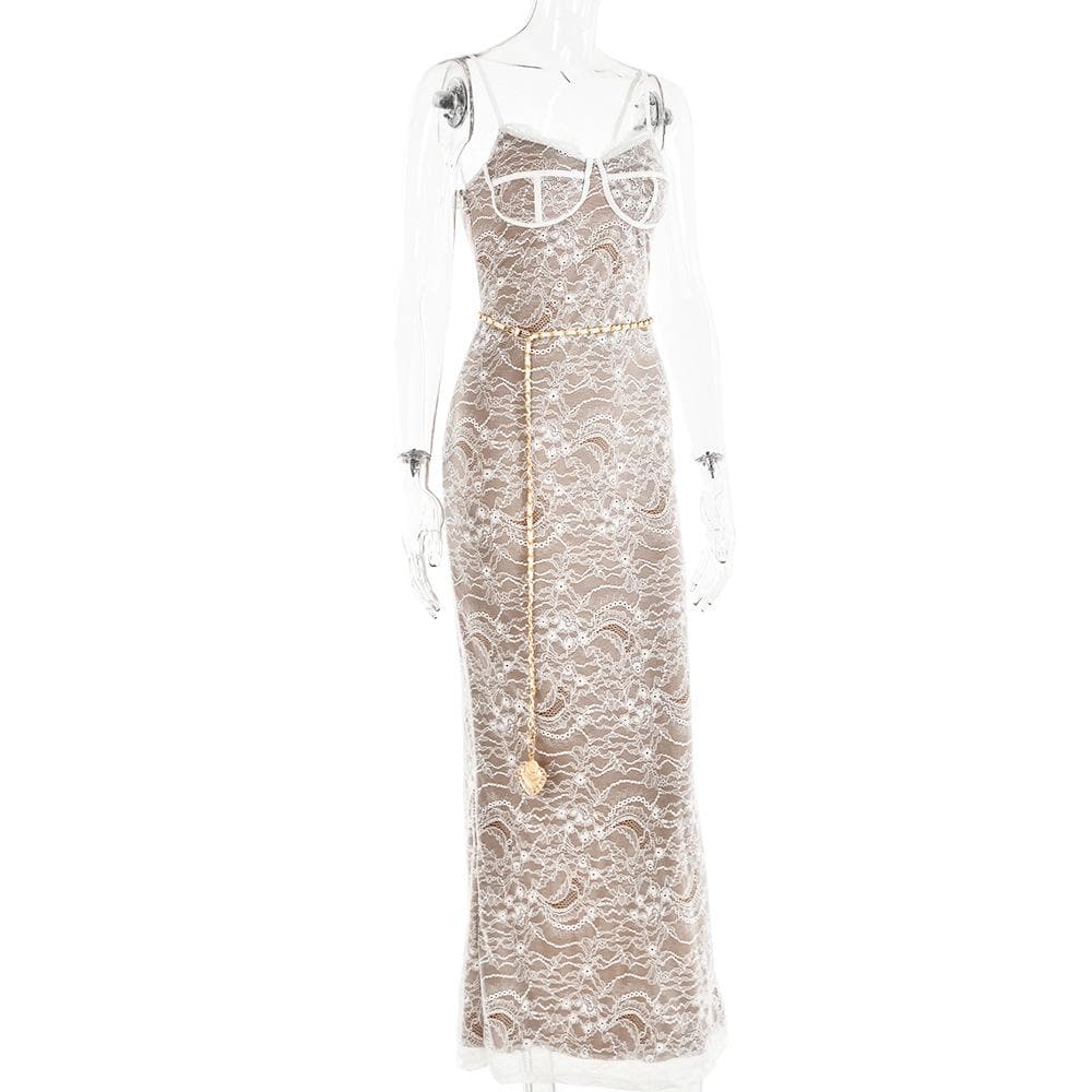 Lace contrast zip-up backless slit cami maxi dress 5