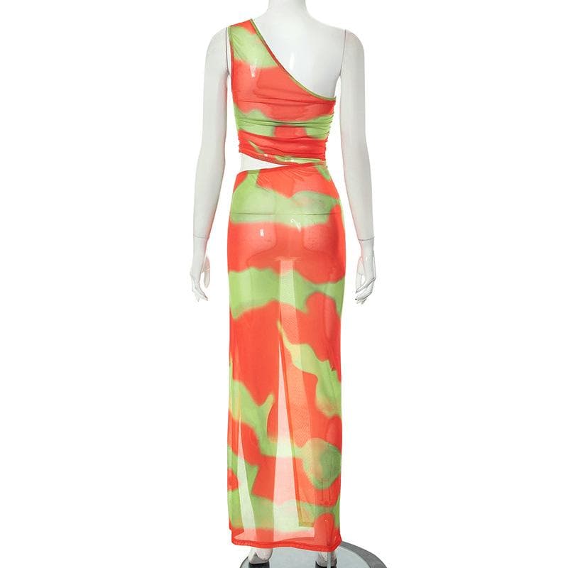 Irregular ruched slit sheer mesh see through tie dye one shoulder maxi dress 4