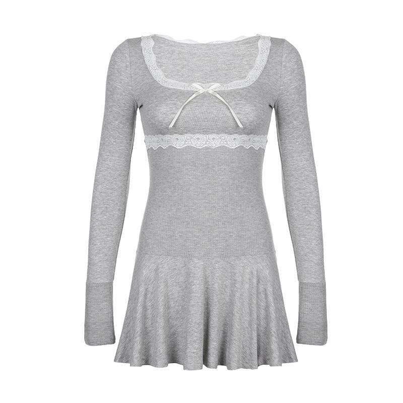 Lace hem square neck contrast long sleeve ruffle mini dress 3