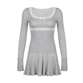 Lace hem square neck contrast long sleeve ruffle mini dress 3