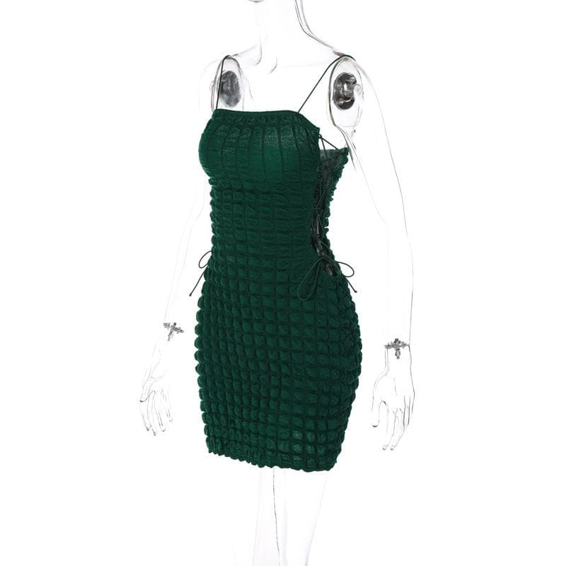Waffle solid lace up spaghetti strap backless mini dress 4