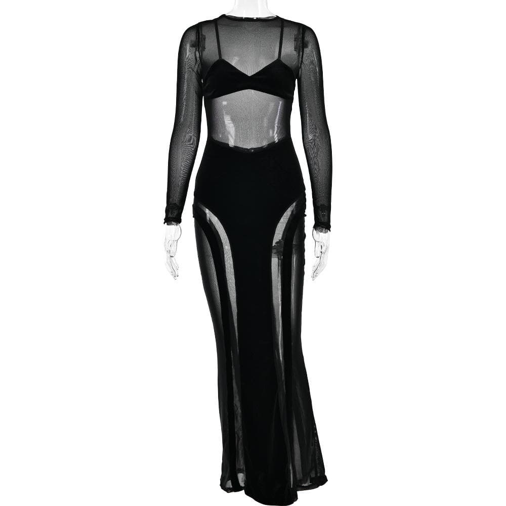 Mesh patchwork velvet solid long sleeve maxi dress 3